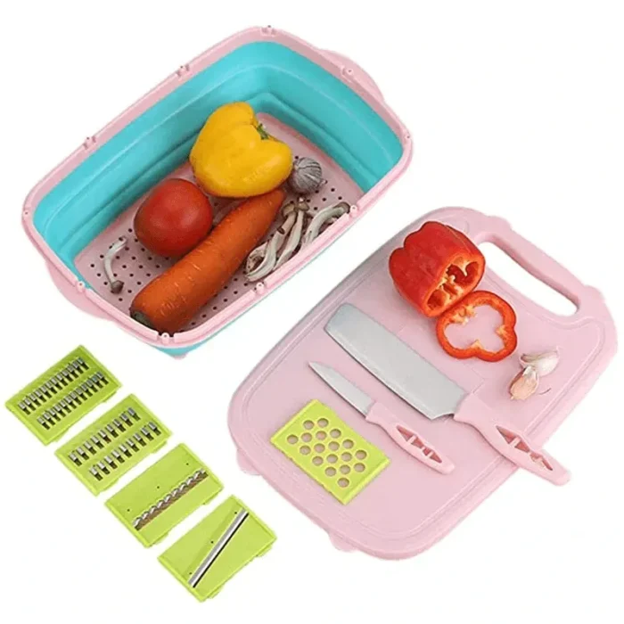 DLD Kitchen 9-in-1 Multifunctional Cutting Boards for Kitchen-Collapsible Chopping Board Space Saver-Fruit & Vegetable Slicer Kit-Drain Basket