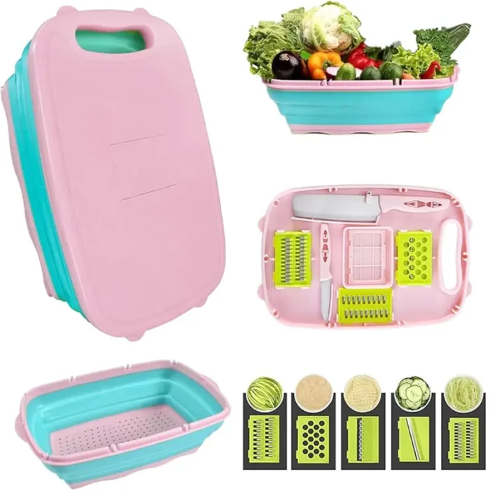 DLD Kitchen 9-in-1 Multifunctional Cutting Boards for Kitchen-Collapsible Chopping Board Space Saver-Fruit & Vegetable Slicer Kit-Drain Basket