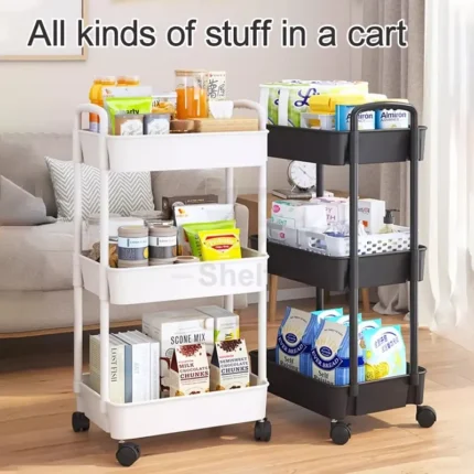 Storage Trolley Cart,3-Tier Storage Cart,Multi-Purpose Trolley Organizer Cart with Casters,Rolling Cart Metal Utility Cart,Organizer Trolley on wheels for Bathroom,kitchen, Bedroom Storage (White)