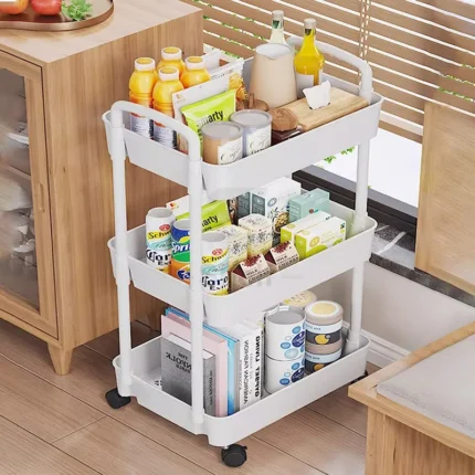 Storage Trolley Cart,3-Tier Storage Cart,Multi-Purpose Trolley Organizer Cart with Casters,Rolling Cart Metal Utility Cart,Organizer Trolley on wheels for Bathroom,kitchen, Bedroom Storage (White)