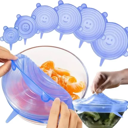 Silicone Stretch Lids, Reusable Expandable Seal Bowl Covers to Keep Food Fresh, Fit Various Sizes and Shapes of Containers or Bowls, 6 Sizes Microwave Food Covers - Blue