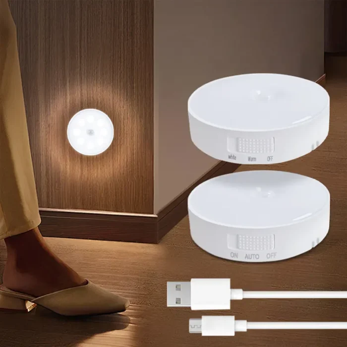 Human Body Sensor Night Light – Mini Sensor Closet Light for Hallways, Balconies, Stairs | USB Rechargeable | 200mAh | White Light | Round Design