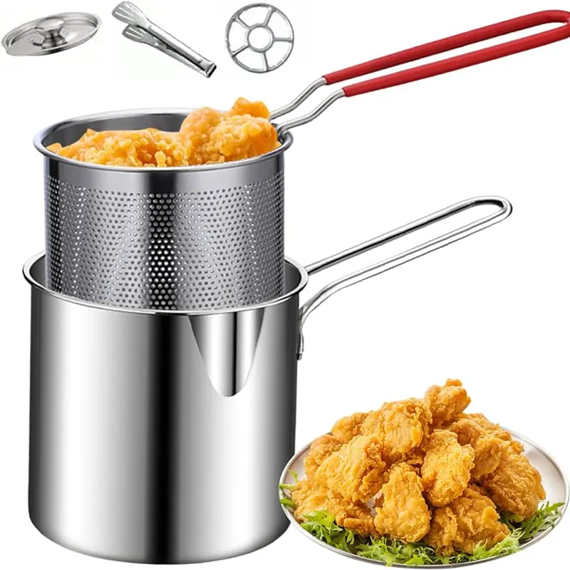 Deep Frying Pot Japanese Tempura Frying Pot Stainless Steel Frying Pot with Strainer Basket Tong for French Fries Chicken