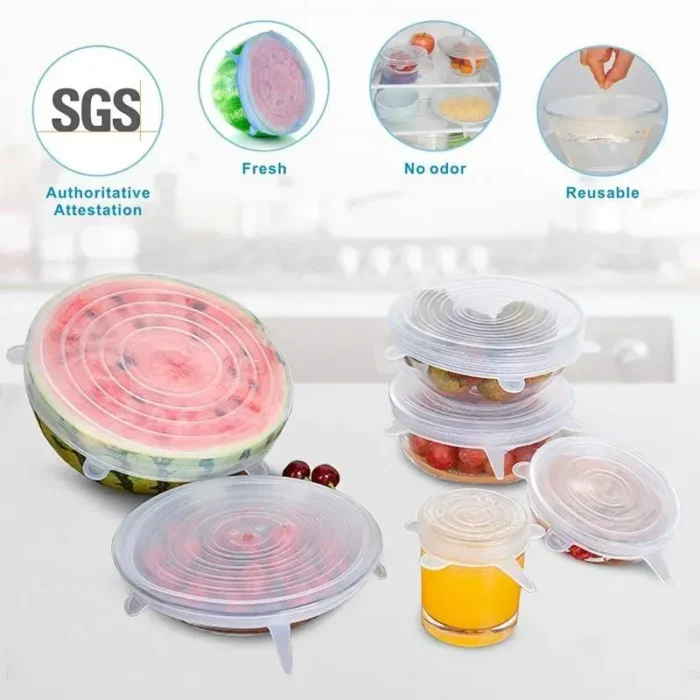 Silicone Stretch Lids, Reusable Expandable Seal Bowl Covers to Keep Food Fresh, Fit Various Sizes and Shapes of Containers or Bowls, 6 Sizes Microwave Food Covers - Blue