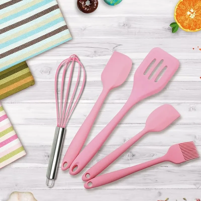 5pcs Silicone Kitchen Utensils Set With Scraper Spatula Egg Beater Heat Resistant Non-stick Baking Tools