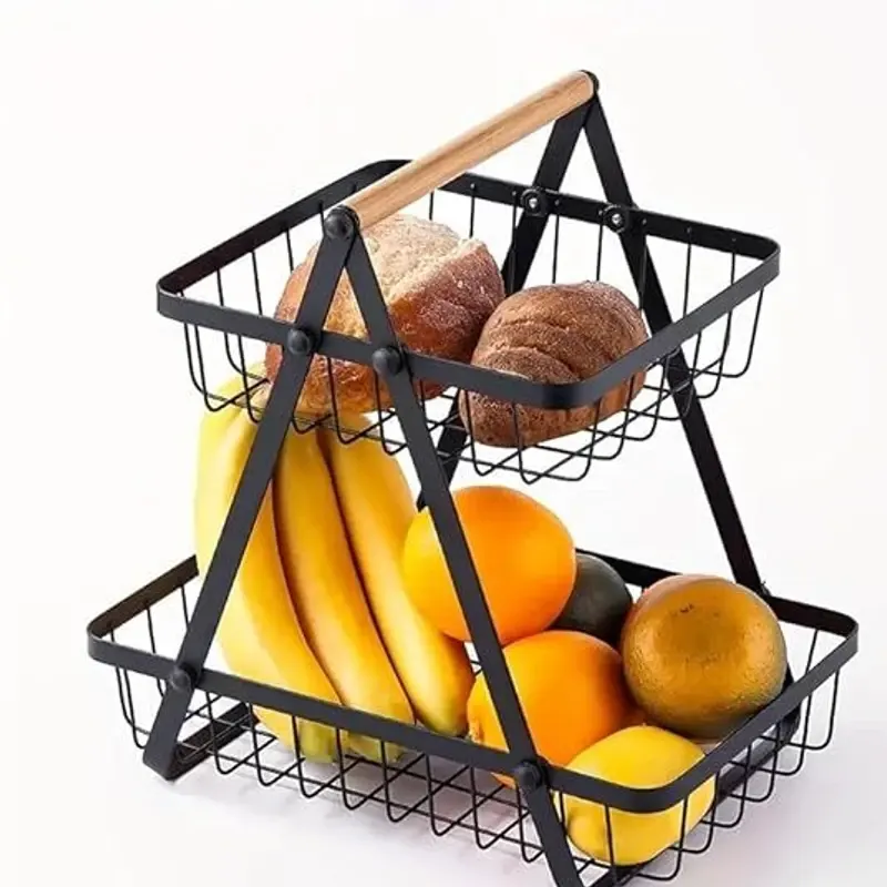 2-Tier Metal Fruit Basket Portable Kitchen Storage Countertop Shelf Rack for Fruits Vegetables Household Toiletries