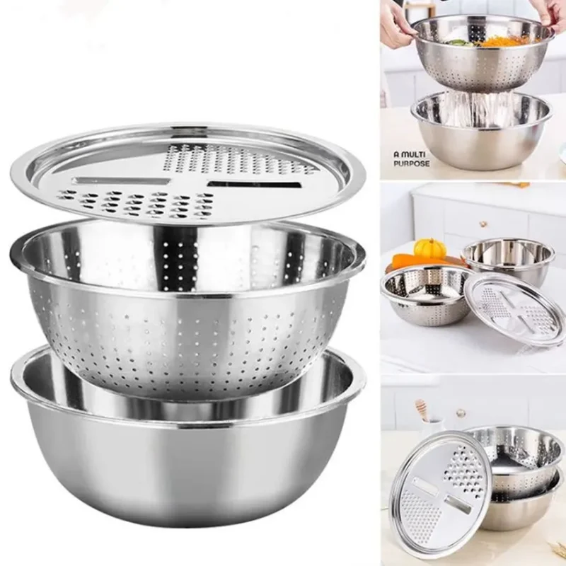 3 In 1 Multifunctional Stainless Steel Basin With Vegetable Cutter with Drain Basket